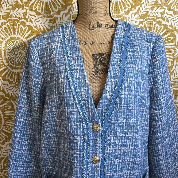 Talbots Tweed Gold Buttons V-Neck Coatigan Jacket Sz 14P - Picture 2 of 9